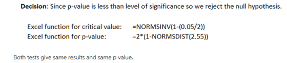 Decision: Since p-value is less than level of significance so we reject the null hypothesis. Excel function for critical valu