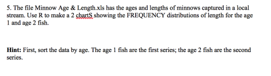 5. The file Minnow Age & Length.xls has the ages and lengths of minnows captured in a local stream. Use R to make a 2 shartSs