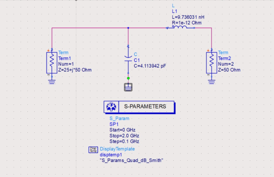 L L1 L-9.736031 nH R=1e-12 Ohm ormm Term Term Term1 Num 1 Z=25+j*50 Ohm Term2 Num-2 Z=50 Ohm C 1 C=4.113942 pF S-PARAMETERS S