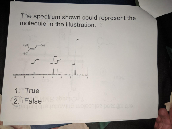 The spectrum shown could represent the molecule in the illustration. H3 H3C 1. True 2. False
