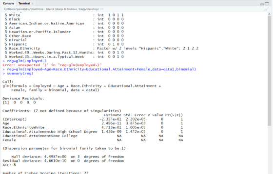 Console Terminal C:/Users/parekhku/OneDrive-Merck Sharp& Dohme, $ white $ Black $ American.Indian.or. Native. American int 0