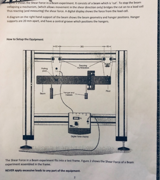 ows the Shear Force in a Beam experiment. It consists of a beam which is cut. To stop the beam collapsing a mechanism, (whi
