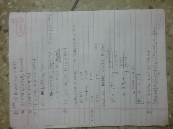 ①1 pea of Benzoic acid=4-76 aathi 50 m Ma oH is adsed IS25 lasGO I ,25 4,75 :25 o-b erv = 4,74 + 10 -4-16-oko fo mL NoH is od