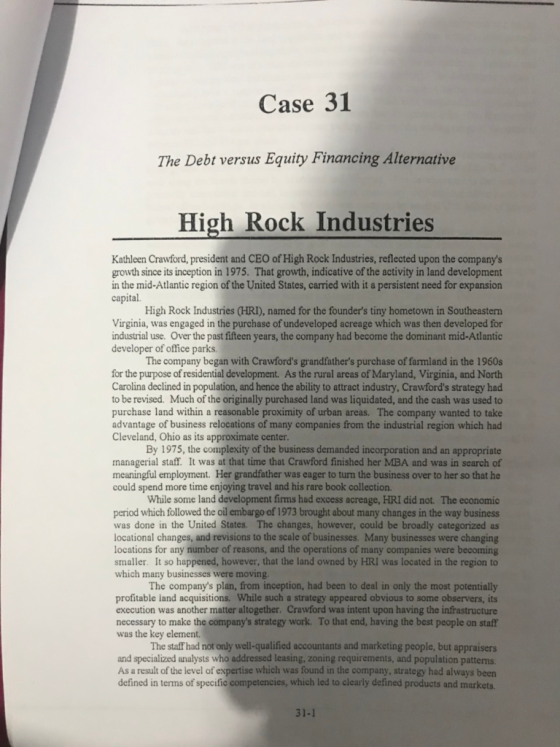 Case 31 The Debt versus Equity Financing Alternative High Rock Industries Kathleen Crawford, president and CEO of High Rock I