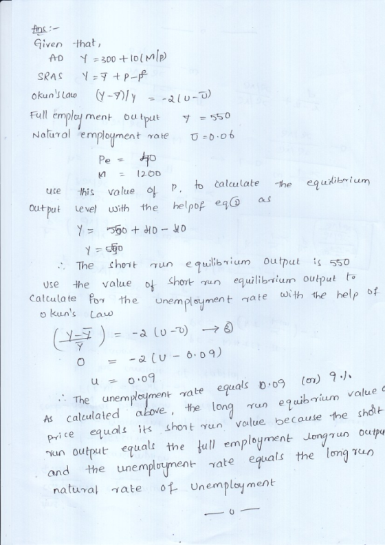 in Given that, fro y=300 + 10(MIR) Full empl ment output -550 Natuol employment na te ซ:0.06 1260 use this value 이 P, t calc