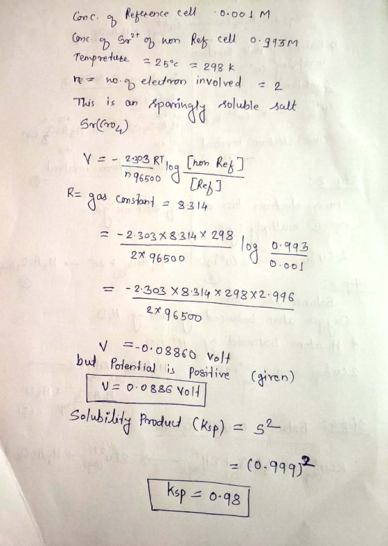 ce cell 0.001 M n No. eledvon involve d2 This is on Apoinat Moluble salt 9550 TReb 8:214 X 298 96500 2 303 2.214 x 298 x 2, 9