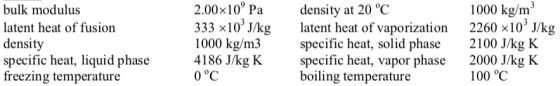 2.00x10 Pa 333 x10 J/kg 1000 kg/m3 4186 J/kg K 0°C 1000 kg/m 2260 x103 J/kg 2100 J/kg K 2000 J/kg K 100 °C bulk modulus densi