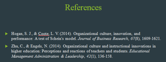 References ▶ Hogan, S. J., & Cooke L. V (2014). Organizational culture, innovation, and performance: A test of Scheins model