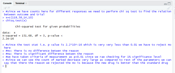 Console Terminal >#since we have counts here for different responses we need to perform chi sq test to find the relation betw
