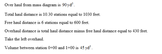 Over haul from mass diagram is 90yd* Total haul distance is 10.30 stations equal to 1030 feet Free haul distance is 6 station