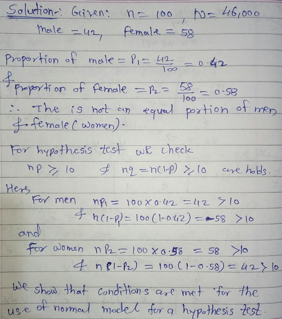 Proportion of male=に巡ー0-42 4 /. The IS hotem tey ued portion ather female (women) ypothesis Here cna 2 lo _We she すhat condit