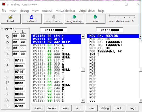 徘 mulator: noname.exe file math debug view external virtual devices virtual drive help Load reload step back single step step