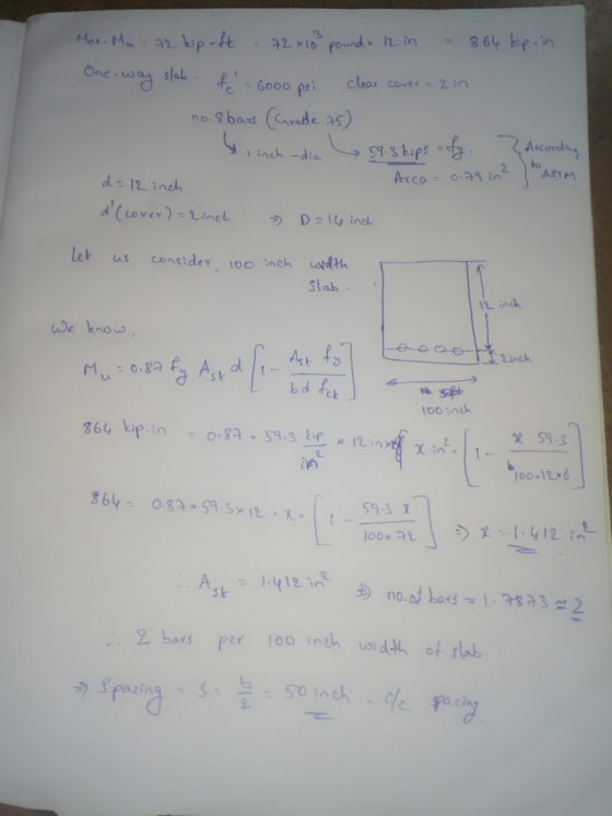 One-war slaL 、 ft 6000 psi inch-di to let us consder loo inch odth Slab 2 indh De knous e-e oe Linch. Mu : o.ngAst d/t_mt. I
