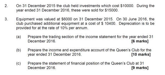 2. On 31 December 2015 the club held investments which cost $10000. During the year ended 31 December 2016, these were sold f