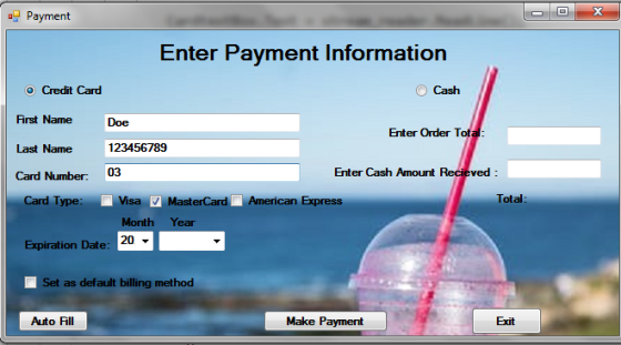 Payment Enter Payment Information O Credit Card First Name Last Name 123456789 Card Number: 03 Cash Doe Enter Order To Enter