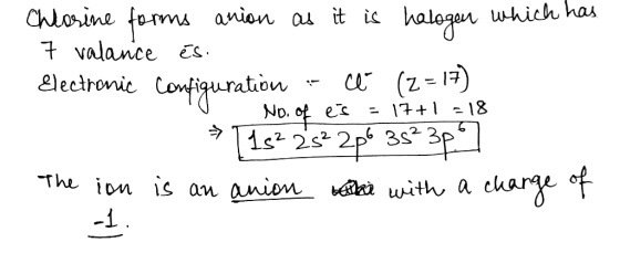 Chlorine forms anion au it ic 7 valance ES halogen which has lectronic Lonfquration C (z No. of Te2s es 3s2 3p The ion is an