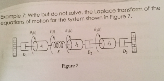 Example 7: Write but do not solve, the Laplace transform of the equations of motion for the system shown in Figure 7. 6,(t) D