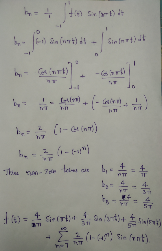 t) Sin (hTt) dt -1 i) Sin (nTt) dt Sin (n Tt) dt bn=Gos (m rt) JI Cos (nT) Cot (n T) + MTT nTT C1-Gas (n)) 2 nT (ul)- 4 2 tol