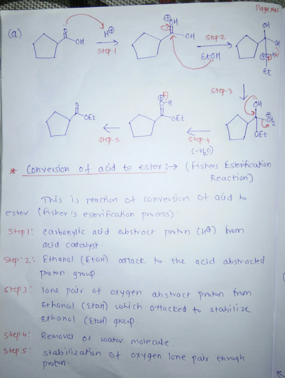 Page Mo OH step et Step 3 0Et oEt OEt sta-s cYLo Convevsion ot acid to ester(Fishers Esenfcahon Reaction) ester (hshev s est