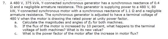 A 480 V, 375 kVA, Y-connected synchronous generator has a synchronous reactance of 0.4 Ω and a negligible armature resistance