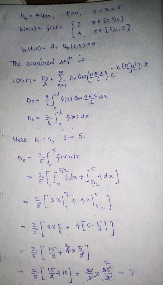 4-4Uzx, oX<S xe Co, 52) e [52,57 4 42tt,o)= 0, u (t,5)=o The 2equined sel - K ba ulx,t)= Do. Dn f(x) vandx Dn= C fix) dx Here