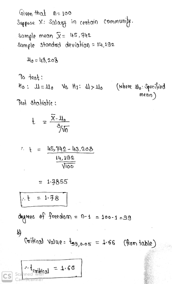 iven thal n 100 Suppose X: Sola ince ain communi sample mean X: 45,742 Sample standed deviaton 14192 43, 208 Ho To test mean