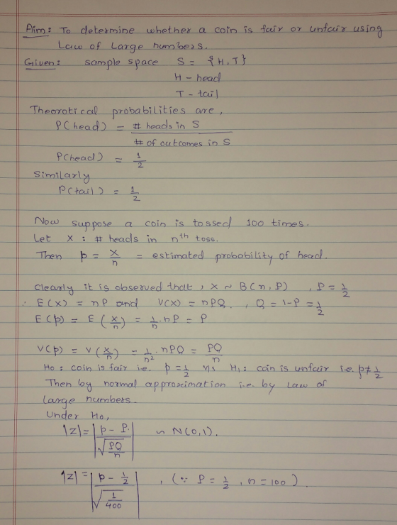 Aim To determine whethex a coin is fair or unicur using Lcw of Large burn be s space S The probabilities are ea in S PChead 2