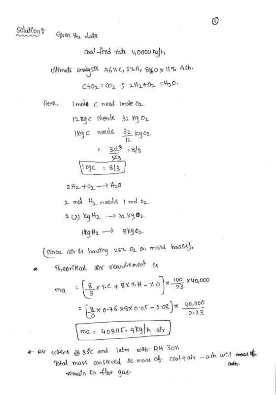 Solutions Gwen the data Coal feed at 40000 talh ulkmati 16 C,5. H, 840 x I1 Ash C+02 CO2 2H2+02 =H0. Imole c need Imole o2 H