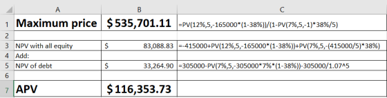 $535,701.111-PV(12%,5,-165000(1-38%))/(1-PW7%,5,1)*38%/5) Maximum price 1 -1502 07285.5 33 264 90 1.305 00 pr 7% 5 305 83,08