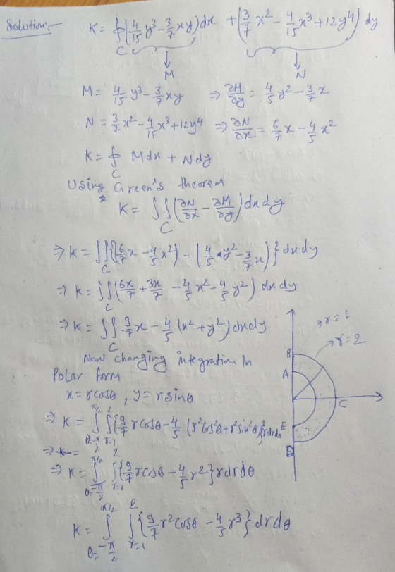 Solution 12 K k t/3 J M M- 7S 3 2 N K=Mdr t Nd Usirg Greens theare AM K SI A2 22 6X Sx- ely 1 e & & C Now Polar form A %= TC