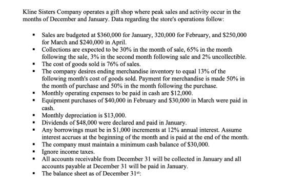 Kline Sisters Company operates a gift shop where peak sales and activity occur in the months of December and January. Data re