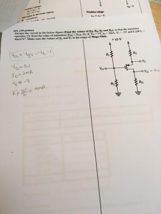 rerdrtre voltage D the ariode region: Operation Conditions Overdrive voltage: tor 20 nw e-V. Q4. (10 the circuit in the below