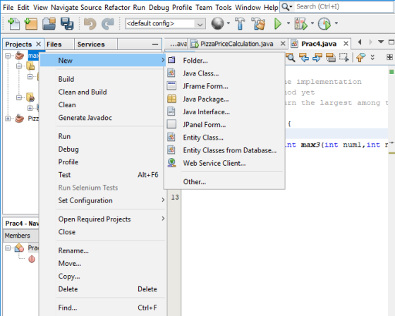 File Edit View Navigate Source Refactor Run Debug Profile Team Tools Window Help ·Search (Ctrl+0 <default config> ava PizzaPr
