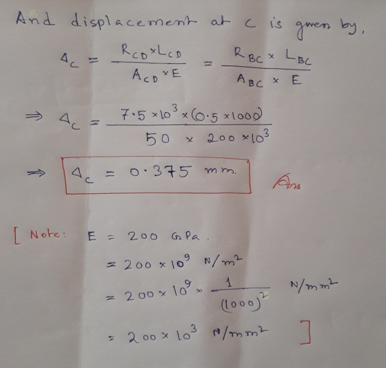 And displacemenh at Cis gwen RCDXLCD R BC LBC X ACDE ABC xE X 3 7.5 10 C0.5 xlo00 Ac IN 200 x103 5 0 O.375 Ac Note: E 200 G P