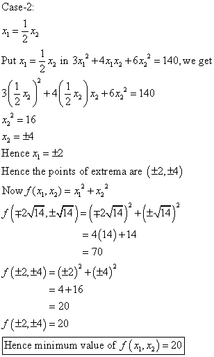 Case-2 %,-14 ence x1 12 Hence the points of extrema are (2,4 = 4(14) +14 = 70 (12,14) = (-2)2 +(H)2 = 4+16 = 20 (±2,14) = 20