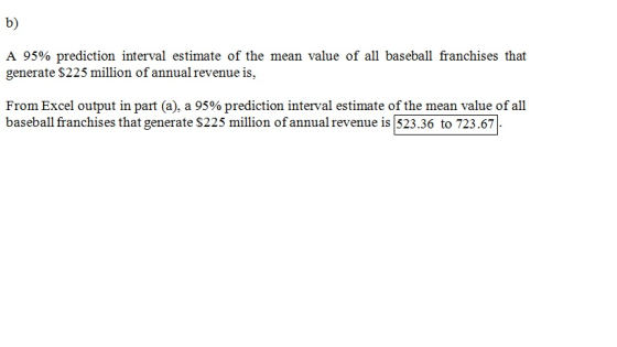 b) A 95% prediction interval estimate of the mean value of all baseball franchises that generate S225 million of annual reven