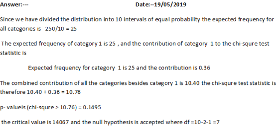 Answer:-- Date:-19/05/2019 Since we have divided the distribution into 10 intervals of equal probability the expected frequen