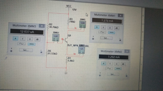 VCC 12V 1 Multimeter-XMM1 XMM1 R3 7490 1.278 mA R2 30.76kQ Multimeter XMM3076O ic XMM3 12.637 uA Set... Multimeter-XMM2 R6 e