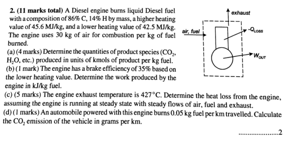 2. (11 marks total) A Diesel engine burns liquid Diesel fuel with a composition of 86% C, 14% H by mass, a higher heating val
