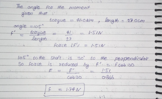 The anale Foathe moment given thot 41 length23 I.S oSto the 。Shoftis 30 to the I.SI 0:866 = 1.74V