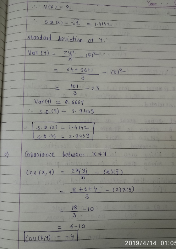 Det Date: standard deriation of Y Var (y) 8.6667 二 S. D (X)141 olloiance between x tY 3 3 6-l O 2019/4/14 01:05