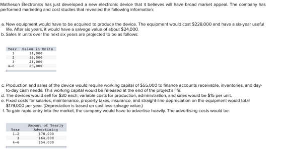 Matheson Electronics has just developed a new electronic device that it believes will have broad market appeal. The company h