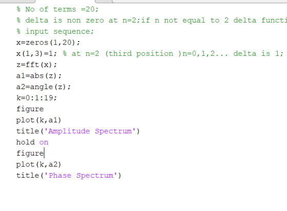 % No of terms -20; % delta is non zero at n-2 ; if n not equal to 2 delta functi % input sequence ; x-zeros (1,20); x(1, 3-1;