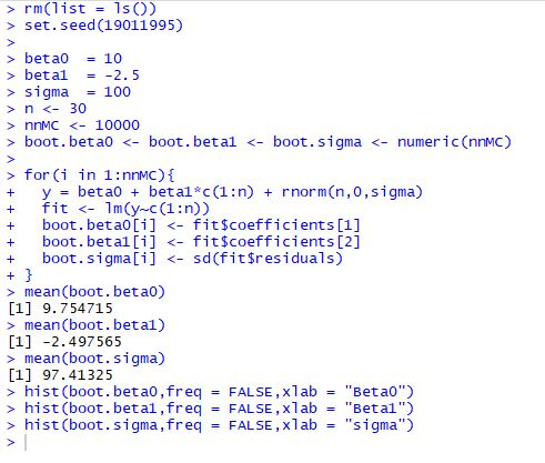 rm(list set. seed(19011995) 1s ) > beta0 10 >beta1 =-2.5 sigma 100 - >n<-30 > nnMC <- 10000 boot.sigma < numeric (nnMc) boot.
