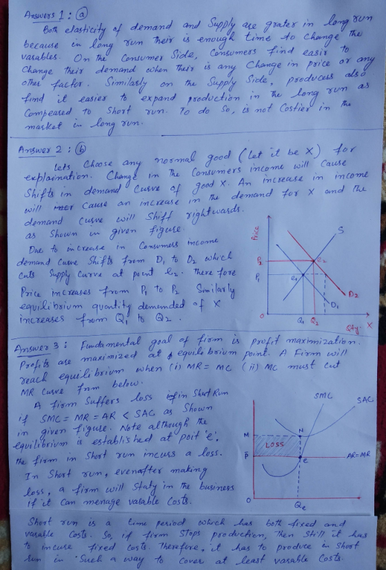 Answers 1:a lonp chonge elastcity of demand and Yum Their s Suply 7ater enougk time do Consumer Side, Consuoness ind ensi am