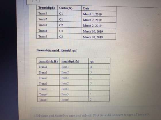 Transid(pk) Custid fk) Date Trans1 C1 March 1, 2019 Trans2 C1 March 2, 2019 Trans3 C2 March 2, 2019 Trans4 C3 March 10, 2019