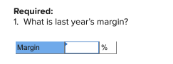 Required: 1. What is last years margin? Margin