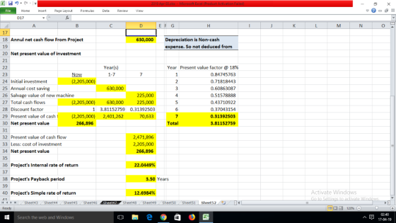 Home ert Page Layout Formulas Data Review V 017 E F G 0 17 18 Annul net cash flow From Project 19 20 Net present value of inv