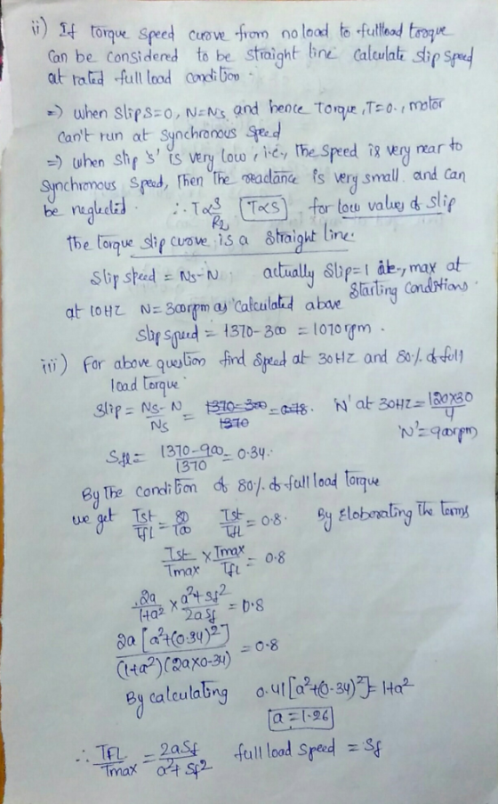 1 torque Speed Cuove from no laad to fullead taoue straight line caleulat sip Speced Can be Considered to be at raled full lo