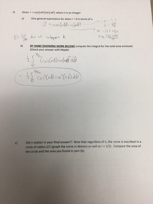 Given r cos(ne) sin (n) where n is an integer: 3) Give general expressions for when r 0 in terms of n. a) うnかムオ tcus (6)ne) a